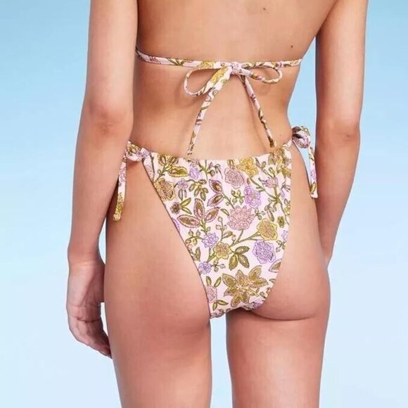 Wild Fable Size Small 4-6 Cream Floral Print Side Tie Cheeky Bikini Swim Bottom - Picture 2 of 6